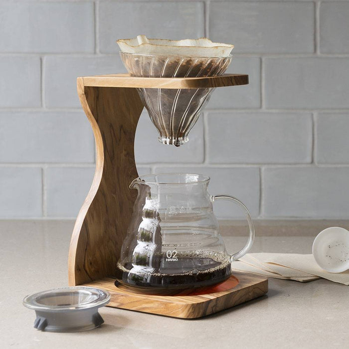 Hario V60 Olive Wood Stand & Heat Resistant Glass Coffee Server 02 Set
