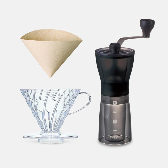 Hario Mini Mill Plus V60 Starter Kit (Clear) — Brewed By Hand