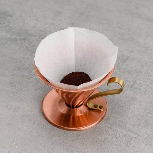 Hario V60 Copper Coffee Dripper Size 02 - with ground coffee